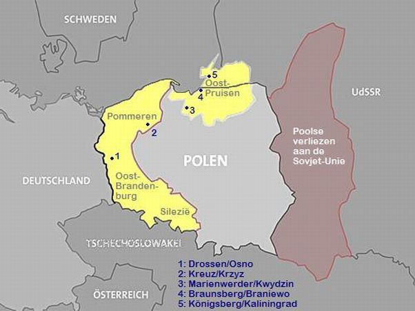 Mijn route en vijf etappe-plaatsen door de voormalige Duitse gebieden van Polen met aanduiding van de Westverschuiving van Polen na WO II (naar S. Decoster)